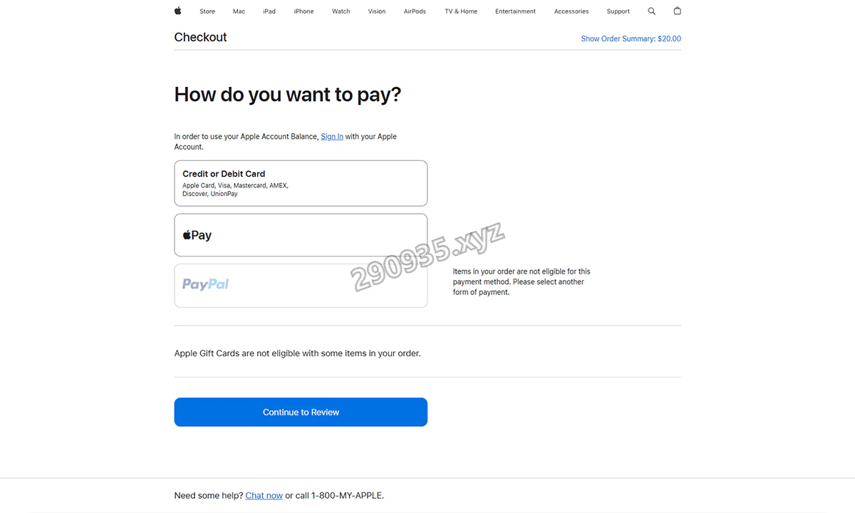 Apple 礼品卡订单的信用卡或借记卡付款方式页面