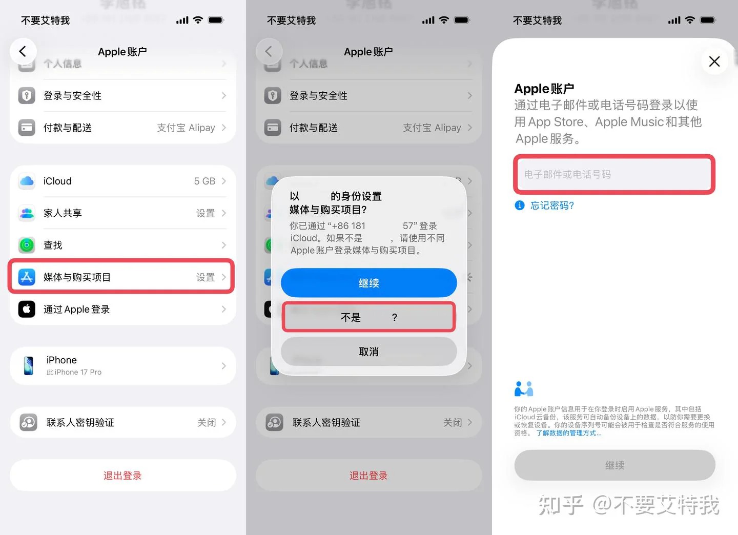 在媒体与购买项目中选择其他 Apple 账户登录